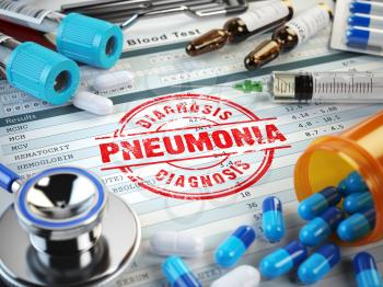 Pneumonia disease diagnosis. Stamp, stethoscope, syringe, blood test and pills on the clipboard with medical report. 3d illustration