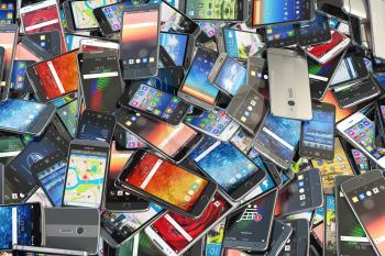 Choose mobile phone. Heap of the different smartphones with different application on the screen. Modern technology concept background. 3d illustration