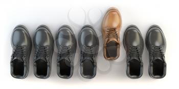 One unique brown boot in the row of black boots. Marketing concept. Choosing the style, Think different. 3d illustration