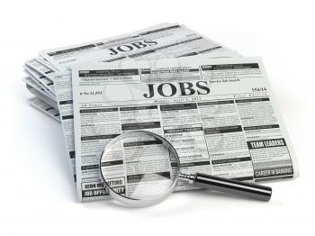 Job search. Loupe with jobs classified ad newspapers isolated on white. 3d illustration