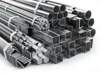 Different metal products. Stainless steel profiles and tubes. 3d illustration