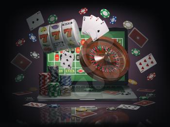 Online casino concept. Laptop with roulette, slot machine, casino chips and playing cards isolated on black background. 3d illustration