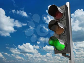 Traffic light with green color on blue sky background. 3d illustration