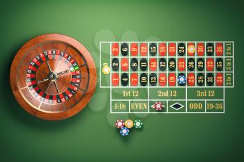 Casino roulette wheel with casino chips on green table. Gambling background. 3d illustration