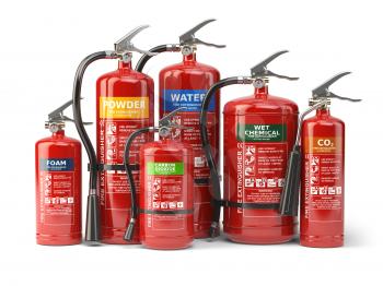 Fire extinguishers isolated on white background. Various types of extinguishers. 3d illustration