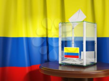 Ballot box with flag of Colombia  and voting papers. Colombian presidential or parliamentary election. 3d illustration