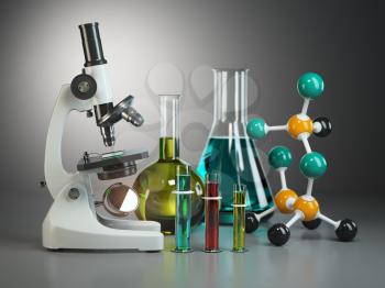 Microscope with flasks, vials and model of molecule. Chemistry or medical pharmaceutical labratory tools. 3d illustration