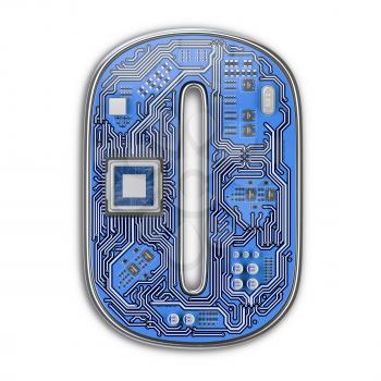 Number 0 zero, Alphabet in circuit board style. Digital hi-tech letter isolated on white. 3d illustration