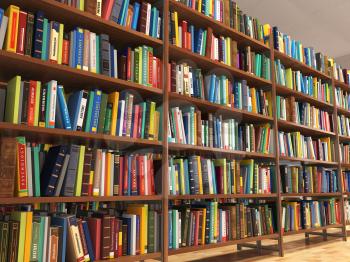 Library stacks of books and bookshelf. 3d illustration