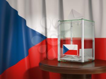 Ballot box with flag of Czech republic and voting papers. Czech presidential or parliamentary election. 3d illustration