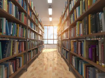 Library stacks of books and bookshelf. 3d illustration