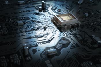 Computer motherboard with CPU. Circuit board system chip with core processor. Computer technology background. 3d illustration