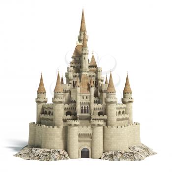 Old fairytale castle on the hill isolated on white. 3d illustration.