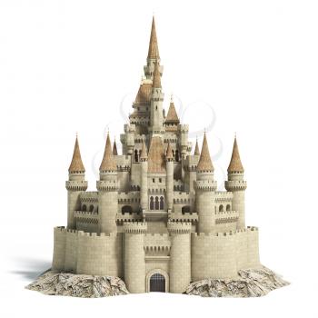 Old fairytale castle on the hill isolated on white. 3d illustration.