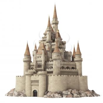 Old fairytale castle on the hill isolated on white. 3d illustration.