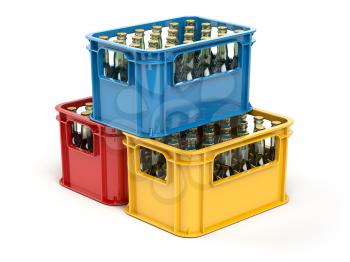 Crates full of beer bottles isolated on white background. 3d illustration