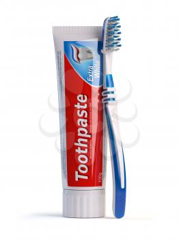 Toothbrush and tube of toothpaste isolated on white background. 3d illustration