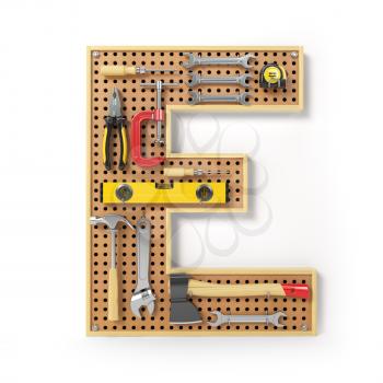 Letter E. Alphabet from the tools on the metal pegboard isolated on white.  3d illustration