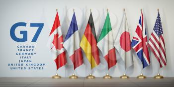 G7 summit or meeting concept. Row from flags of members of G7 group of seven and list of countries, 3d illustration