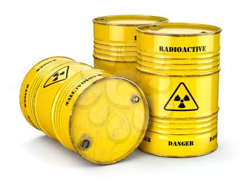 Barrels with radioactive waste isolated on white, Manufacturing of nuclear power and utilization of radioctive materials. 3d illustration