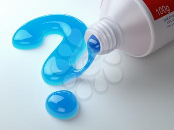 Toothpaste in the shape of question mark coming out from toothpaste tube. Brushing teeth dental concept. 3d illustration