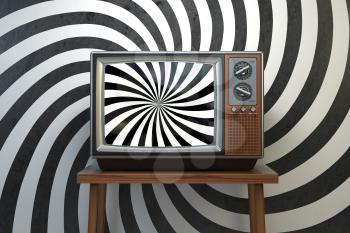 Propaganda and brainwashing of the influential mass media concept. Vintage TV set with hypnotic spiral on the screen. 3d illustration