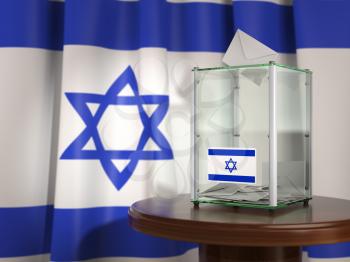 Ballot box with flag of Israel and voting papers. Israelitish presidential or parliamentary election.  3d illustration