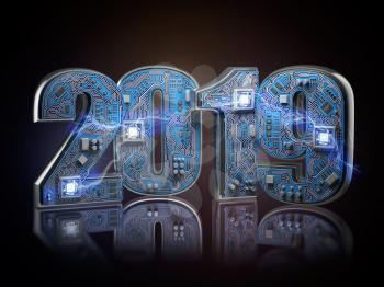 2019 on circuit board or motherboard with cpu. Computer technology and internet commucations digital concept. Happy new 2019 year. 3d illustration