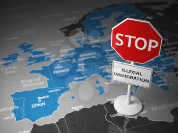 Stop illegal immigration concept. Sign stop on the map of Europe. 3d illustration