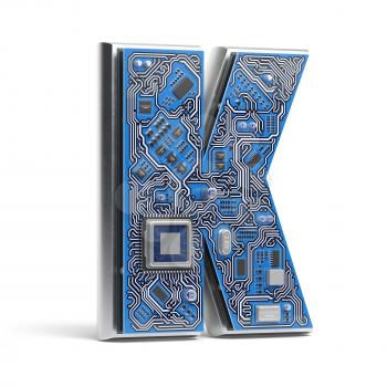 Letter K.  Alphabet in circuit board style. Digital hi-tech letter isolated on white. 3d illustration