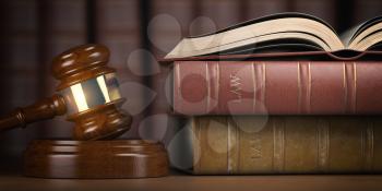 Justice, law and legal concept. Judge gavel and law books. 3d illustration