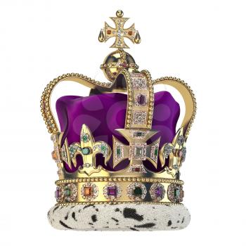 English golden crown with jewels isolated on white. Royal symbol of UK monarchy. 3d illustration