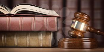 Justice, law and legal concept. Judge gavel and law books. 3d illustration