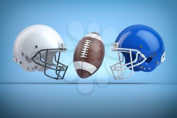 American football helmets and ball.Final match concept.Space for text. 3d illustration