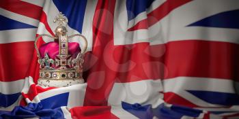 Royal golden crown with jewels on british  flag. Symbols of UK United Kingdom. 3d illustration