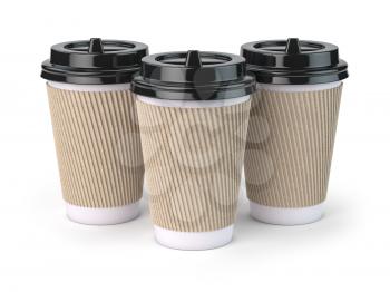 Paper coffee cups isolated on white background. Mock up . 3d illustration