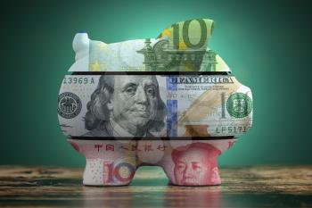 Piggy bank with dollar yuan and euro currency. Savings and investment in different currency concept. 3d illustration