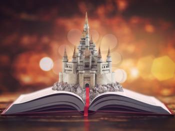 Open story book with fairy tale castle. 3d illustration