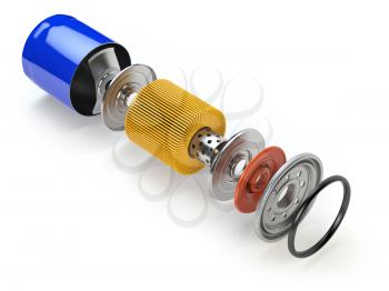 Car oil filter isolated on white. Exploded view. 3d illustration