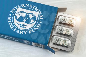 IMF International Monetary Fund tranches concept. Pack of dollars as pills in blister pack. 3d illustration