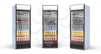 Fridge with drinks isolated on white. Set of showcase refrigerators with water, beer nad soda in the grocery shop. 3d illustration