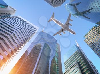 Airplane flying over skyscrapers n city downtown district. Business corporate travel background concept. 3d illustration