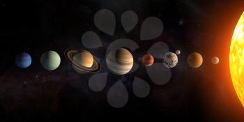 Solar system planets set. The Sun and planets in a row on universe stars background.Elements of this image furnished by NASA. 3d illustration