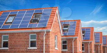 Row of house with solar panels on roof  on blue sky background. 3d illustration