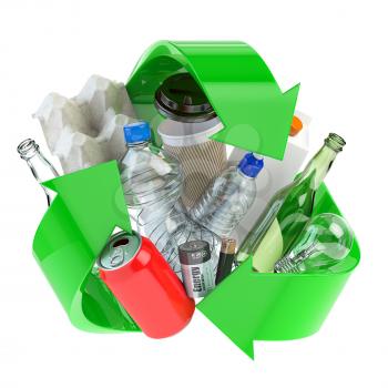 Recycle sign with different types of waste.  Garbage and  trash sorted by plastic, e-waste, metal, glass and paper. Ecology and green energy concept. 3d illustration