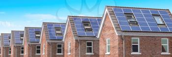 Row of house with solar panels on roof  on blue sky background. 3d illustration