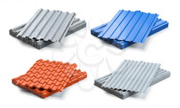 Set of different types of roof coating. Stacks of sheet metal  profiles, ceramic tile and gypsum roof isolated on white background. 3d illustration