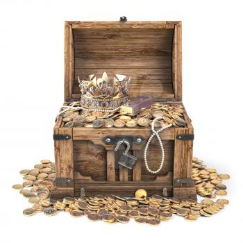 Open treasure chest filled with golden coins, gold  and jewelry isolated on white background. 3d illustration