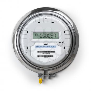 Digital electric meter with lcd screen isolated on white. Electricity consumption concept. 3d illustration