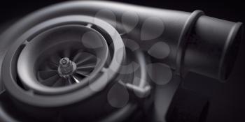 Car turbocharger on black background. Auto part turbo engine technology concept. 3d illustration